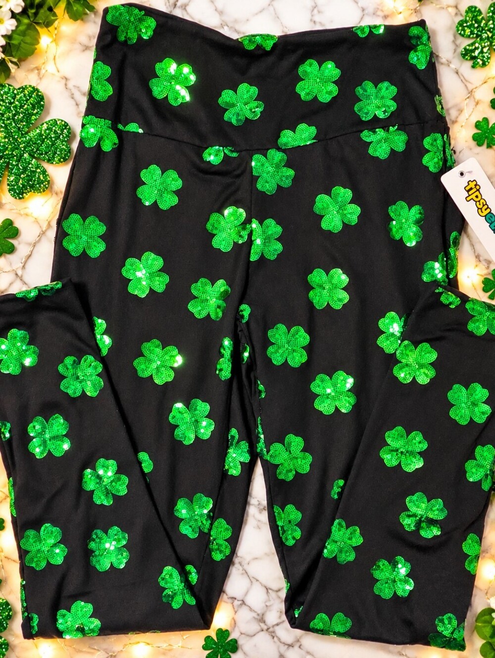 Tipsy Elves St Patrick’s Day Sequin Shamrock Leggings Black Green M NWT